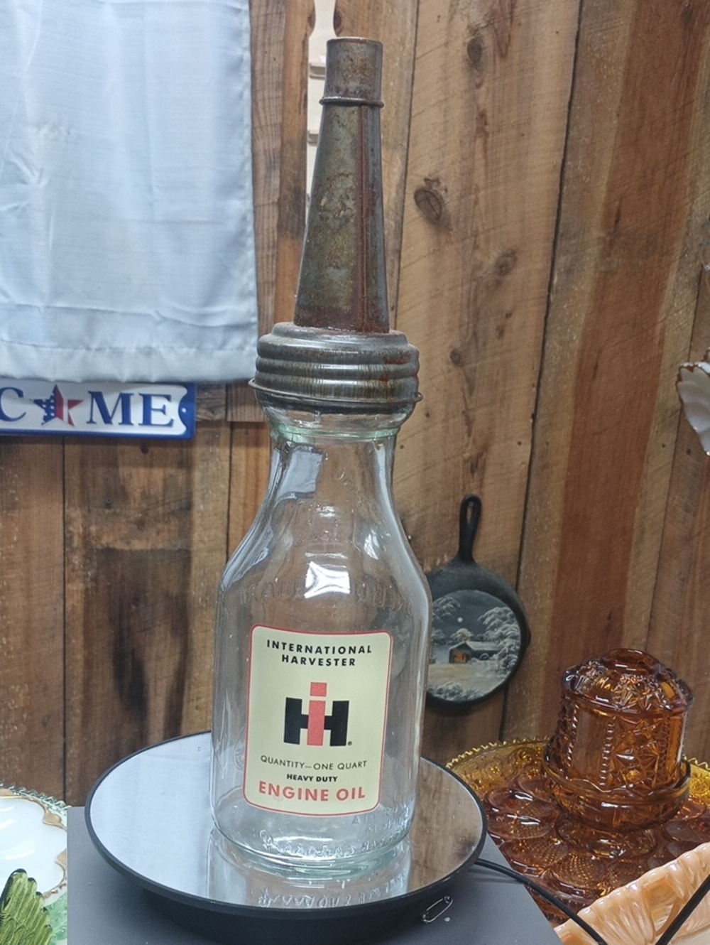 International Harver Antique-Style Clear Glass Quart Oil Bottle w Metal Spout